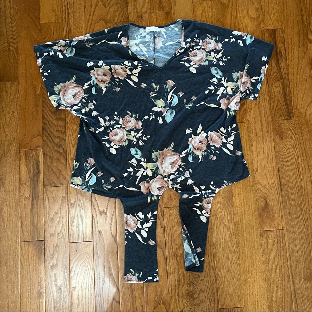 Navy Blue Floral Tie Front Blouse Women Size L